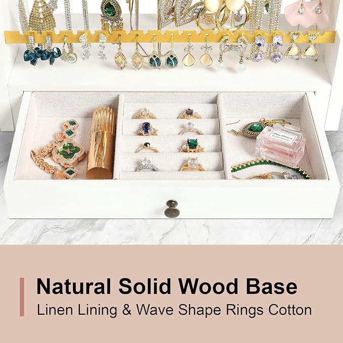 Pinzoveco Earring Organizer, 5 Layer Earring Holder Organizer with Metal Necklace Holder Pole, Rustic Wood Jewelry Organizer Stand Display for Stud Earring Bracelet Necklace Ring, 175 Earring Holes