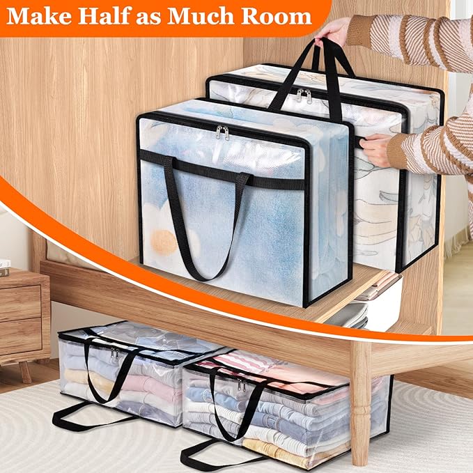 TasticTotes 6 Pack Clear Storage Bags for Comforter, Clothes & Bedding, Plastic Blanket Storage with Zipper and Handle, Moving Bags, Closet Organizer and Under-Bed Storage (40L)