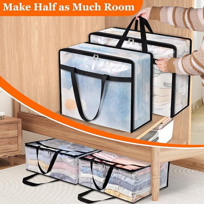 TasticTotes 6 Pack Clear Storage Bags for Comforter, Clothes & Bedding, Plastic Blanket Storage with Zipper and Handle, Moving Bags, Closet Organizer and Under-Bed Storage (90L)