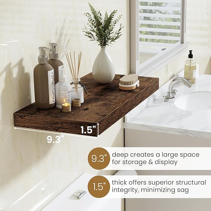 Fun Memories 40" W x 9.3" D Floating Shelves for Wall, Deep Long Floating Shelf for Home Bathroom, Bedroom, Living Room, Rustic Wood Wall Mounted Shelves for Books Decor, Rustic Brown