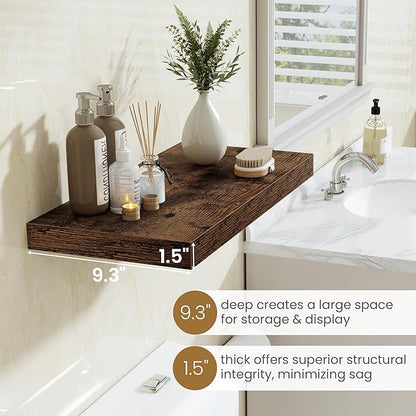 Fun Memories 48 Inch Floating Shelves, 9.3 Inch Deep Wall Shelves for Bathroom, Living Room, Bedroom, Kitchen, Deep Long Shelf Wall Mounted 2 Pack Shelf for Books, Decor, Rustic Brown