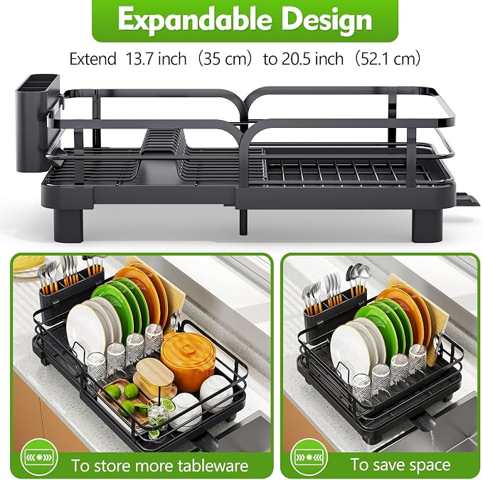 TOOLF Dish Drying Rack, Expandable Dish Racks for Kitchen Counter, Stainless Steel Dish Drainer with Drainboard Set & Cutlery Holder, Rust-Proof, 13.7“-20.5”L x 12.8“W, Black