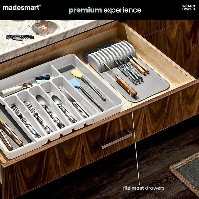 madesmart Large Knife Mat, Soft-Grip In Drawer Knife Organizer for 12 Knives, Non-Slip Kitchen Drawer Storage, Space Saving Knife Block Alternative, Grey