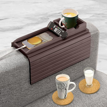 Couch Cup Holder Tray with 2 Cork Coasters, Couch Arm Tray, 2 in 1 Anti-Slip Foldable Sofa Arm Tray, Couch Armrest Table, Anti-Spill Couch Arm Table for Drinks TV Remote Cellphone Snacks (Walnut)