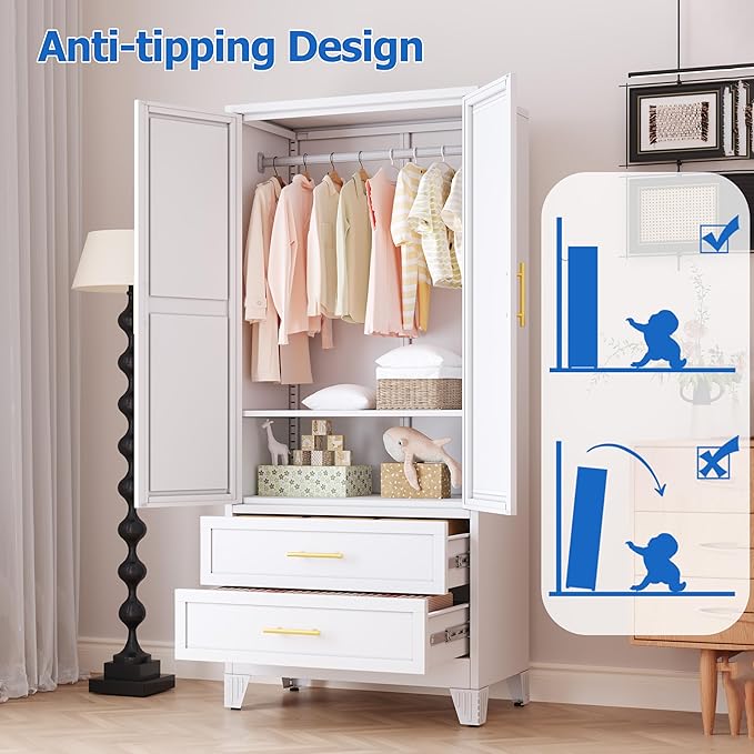 Steel Armoire Wardrobe Closet with Mirror, 71" Metal Clothes Storage Cabinets with 2 Doors, 1 Adjustable Shelf, 2 Drawers, Metal Wardrobe Cabinet with Hanging Rod for Bedroom, Gym, Cloak(White)