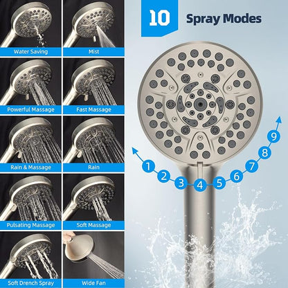 Hibbent 12'' All Metal CUPC Certified Shower Head, High Pressure Rainfall Shower Head, Handheld Showerhead Combo, 12'' Adjustable Extension Arm, 10-Spray, 71'' Hose, Showerhead Holder, Brushed Nickel