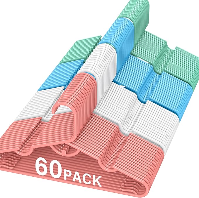 Baby Hangers 60-Pack, MUL-Color Toddler Clothes Hangers with Stackable Hooks & Anti-Slip, Premium PP Plastic Infant Hanger for Kids Closet Organizer, Space-Saving Kids Hanger for Children