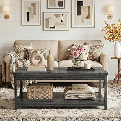 Homieasy Coffee Table with Storage Shelf, 43.3” Farmhouse Wood Coffee Tables for Living Room, Modern Center Tea Table, Grey