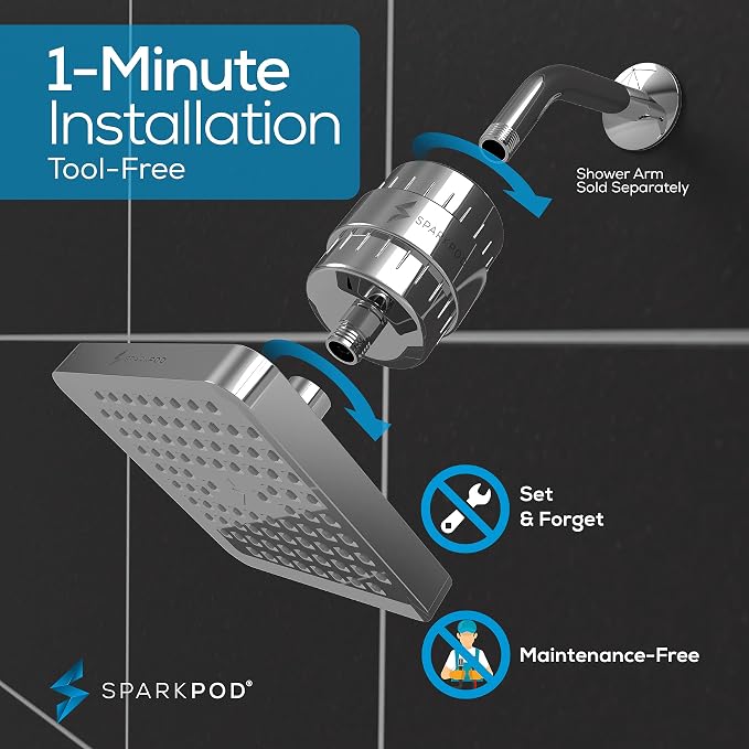SparkPod 23-Stage Filtered Shower Head, 6" Square, Polished Chrome | Filtered Shower Head for Hard Water Filter, High Pressure, Reduces Chlorine, Heavy Metals, For Dry Skin & Hair