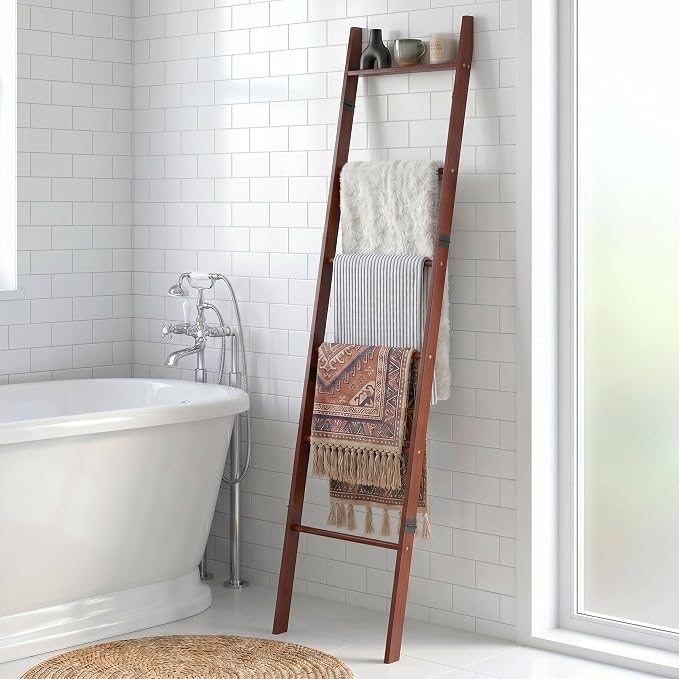 6 Tier Brown Blanket Ladder with Shelf, Wooden Blanket Rack for Living Room, Leaning Towel Ladder Rack for Bedroom, Bathroom, Quilts, Throws, Towels and Farmhouse Décor