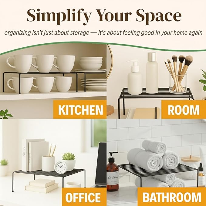 Evelots Kitchen Cabinet Wire Shelf Organizer/Rack - 4 Pack Sturdy Metal Shelf Risers - Double Your Counter Space - Great for Kitchen, Freezer, Pantry and Bathroom - Rustproof - Black