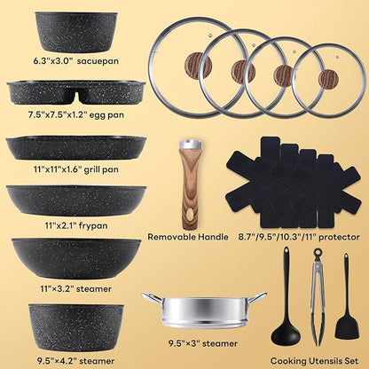 Sweetcrispy 17 Pcs Nonstick Pots and Pans, Induction Kitchen Cooking Set with Stay-Cool Handles, Black