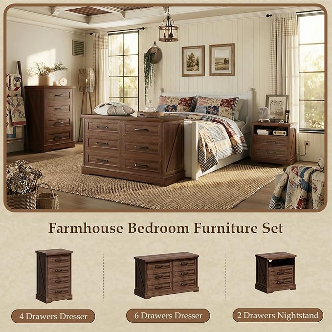 AODK 24 Inch Farmhouse Nightstand with Charging Station, Wood Bedside Table with 2 Drawers, Rustic Wood End Table with Outlet and USB for Bedroom, Dark Walnut