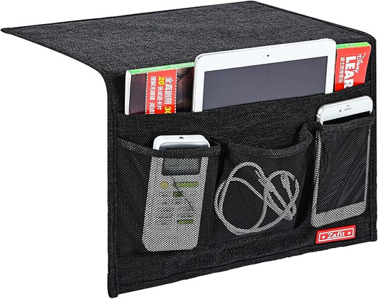 Zafit Linen 4 Pockets Bedside Caddy, Bedside Storage Organizer for Magazine, Remotes, Phone (Classic Black)