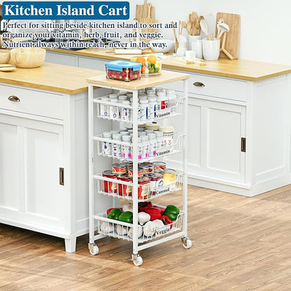 OKZEST 5-Tier Small Kitchen Storage Cart on Wheels with Pull-Out Drawers, Rolling Pantry and Snack Organizer Cart with Wood Top, Kitchen Floor Fruit Basket Stand for Fruit Potato Onion Veggie Snack