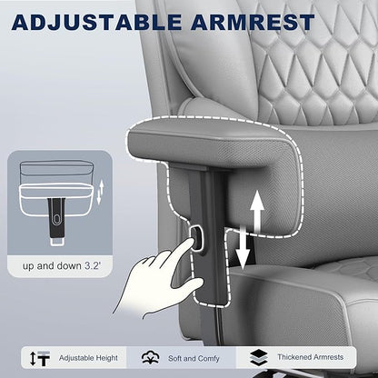 Misolant Big and Tall Office Chair with Footrest, High Back Executive Desk Chair with Adjustable Lift Armrest, 155°Recline，Lumbar Support Pillow, Faux Leather Gaming Chairs for Home or Office Gray