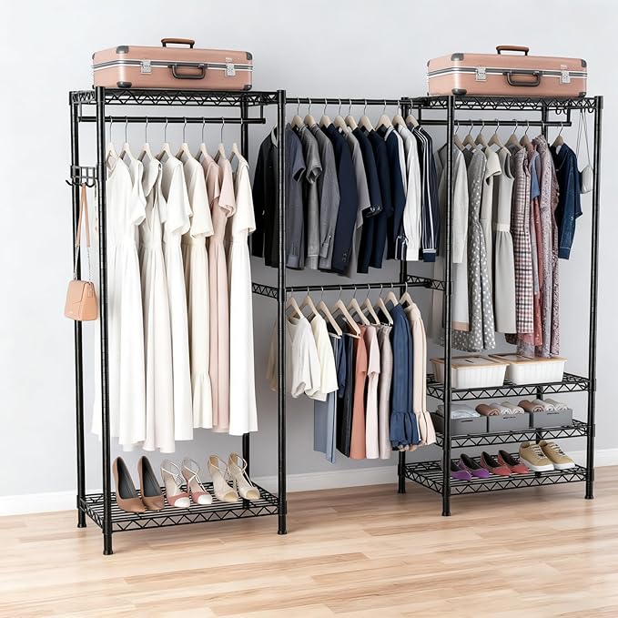 Heavy-Duty Clothes Rack, Expandable Closet Storage Unit with 6 Shelves and 4 Hanger Rods, Freestanding Bedroom Wardrobe Closet, Black