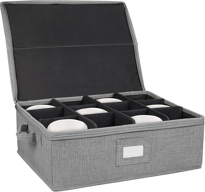 Cup & Mug Storage Container with Hard Top & Dividers – Stackable Coffee Cup Organizer for Mugs, Tea Cups & Household Storage – Fully Padded, Reinforced Sides – Grey