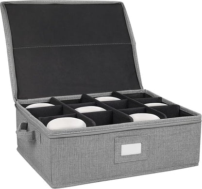 Cup & Mug Storage Container with Hard Top & Dividers – Stackable Coffee Cup Organizer for Mugs, Tea Cups & Household Storage – Fully Padded, Reinforced Sides – Grey