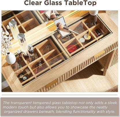 RedLemon 48" Fluted Vanity Desk with 36" Large HD Mirror and Lights, Modern Wood Glass Tabletop Makeup Table with Adjustable Storage Shelves, 5 Drawers, Charging Station for Bedroom, Natural Oak