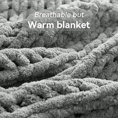 Negwoo Chunky Knit Throw Blanket, 80''*90'' Knitted Throw Chenille Yarn for Bed Couch, Handmade Light Grey Crochet Big Thick Blanket, Machine Washable Cute Comfy Blanket for Home Decor