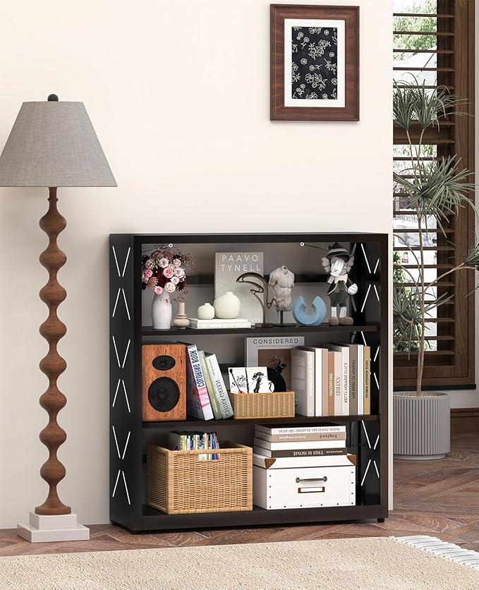 METALOONG Book Shelf, 3-Tier Adjustable Bookcase with Anti-Tip Kit & Leveling Feet, Heavy-Duty Metal Storage Organizer, Modern Corner Shelves for Kitchen, Garage, Home Office - Black