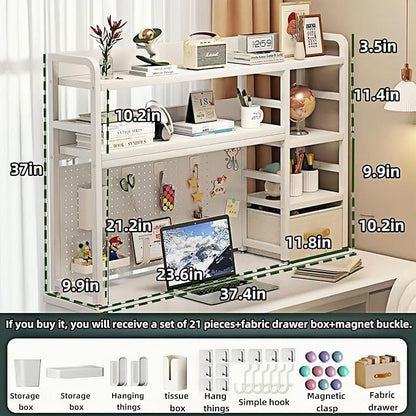 Desktop Bookshelf, pegboard Storage and Organization Rack, Dorm Desk Shelf, Desk Hutch, Desktop Storage for Office, Study, Student Display Rack,Desktop Shelves (White 37.4" Lx9.9 Wx34 H)