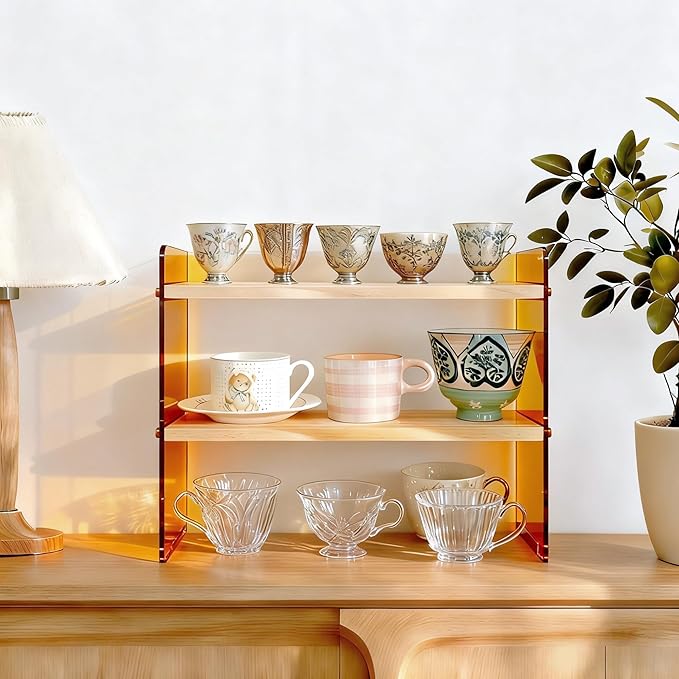 Coffee Station Organizer 2 Tier, Solid Wood Mug Shelffor Coffee Bar,Matcha Station,Tea Storage - Holds Mugs,Beans,Syrup,Cups,Tirrers (Yellowish-Brown, 15.4" L x 5.7" W x 13.4" H)