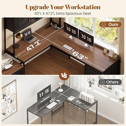 SEDETA Farmhouse L Shaped Office Desk with 6 Drawer, Reversible Computer Desk with Power Outlet, Hutch for Home Office/Two Person, Corner Desk with File Drawer & Printer Storage Shelves, Black