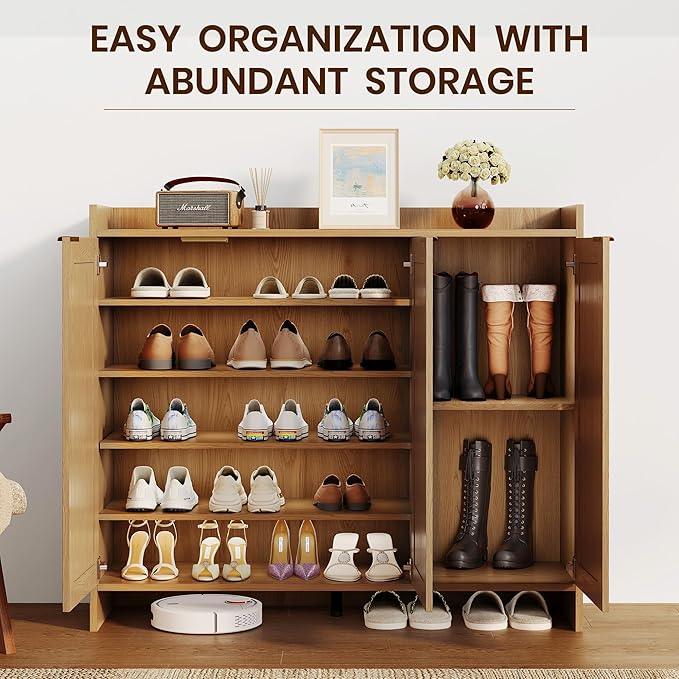 Shoe Cabinet, 41" Tall Rattan Shoe Storage Organizer Cabinet, Adjustable Shelves, 6-Tier Farmhouse Boho Wooden Storage Cabinet for Entryway Hallway Closet Bedroom,Lightoak