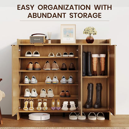 Shoe Cabinet, 41" Tall Rattan Shoe Storage Organizer Cabinet, Adjustable Shelves, 6-Tier Farmhouse Boho Wooden Storage Cabinet for Entryway Hallway Closet Bedroom,Lightoak