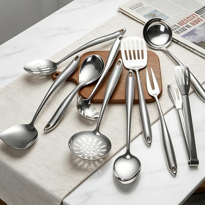 304 Stainless Steel Cooking Utensils Set for Stainless Steel Sleek Kitchen Utensil Holder, 12 PCS Large Metal Cooking Utensil Tools Set with Holder,Fork,Spatulas,Spoons,Skimmer,Ladle,Pasta Server,Tong