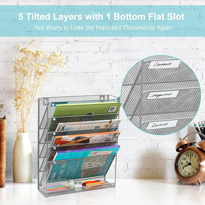 EasyPAG 5 Tier Wall File Holder, Mesh Hanging Folder Organizer with Classify Label, Versatile Desk File Holder, Vertical Wall Mounted Mail Organizer for Office Home Cubicle, Silver