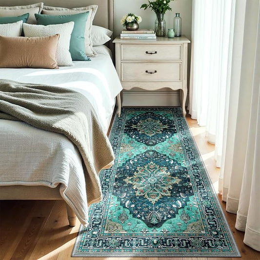 RELEANY Area Rugs Runner 3'x7' Washable Non-Slip, Floral Vintage Distress Medallion Carpet for Kitchen Hallway Bedroom Beside Laundry Room Bathroom, Teal Green Lake Blue Turquoise
