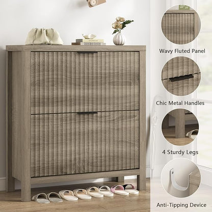 Shoe Cabinet Storage for Entryway, Fluted Shoe Cabinet with 2 Flip Drawers, Hidden Shoe Rack Tall Freestanding Shoe Organizer with Legs for Hallway, Gray