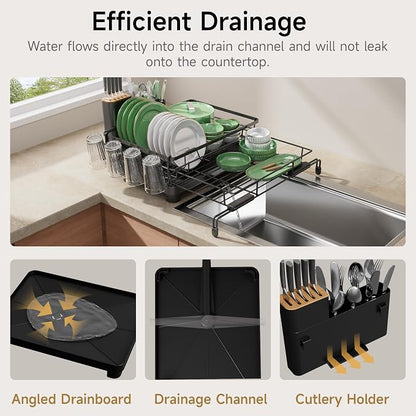 Runnatal Dish Drying Rack - Expandable Dish Rack, Large Drying Dish Drainer Over Sink with Drainboard, Utensil Holder & Cup Holder, Stainless Steel Dish Strainer for Kitchen Counter, Black
