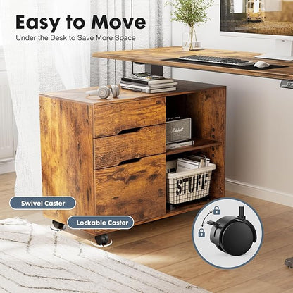 DUMOS Rolling File Cabinet with 3 Drawers, Wood Under Desk Printer Stand with Wheels and Adjustable Shelves, Lateral Filing Cabinet for Home Office, Small Space Storage Organizer, Brown