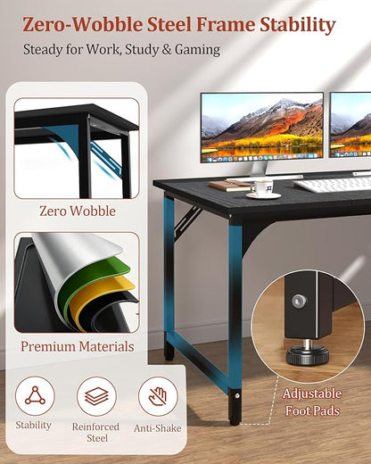 Computer Desk, 55.1" Office Desk, Extra Wide 23.62” Deep Desktop, 0.59” Thick Heavy-Duty Home Office Desks, Office Table with Steel Frame, Modern Wood PC Desk for Bedroom Study Writing Gaming Work