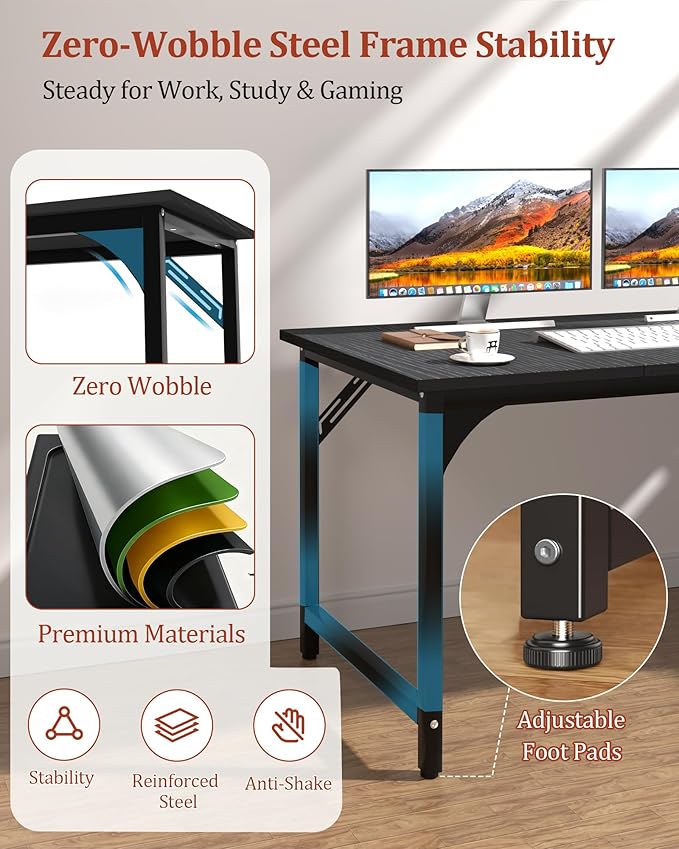 Computer Desk, 47.2" Office Desk, Extra Wide 23.62” Deep Desktop, 0.59” Thick Heavy-Duty Home Office Desks, Office Table with Steel Frame, Modern Wood PC Desk for Bedroom Study Writing Gaming Work