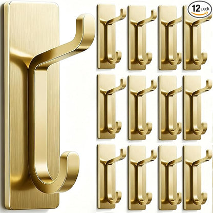pickpiff 12 Pack Wall Hooks for Coat and Towel: 13LB Strong Adhesive Door Hanger Stick on, Brushed Gold