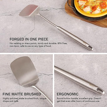 18/10 Stainless Steel Spatulas Set - All Metal Spatulas for Kitchen Use or Outdoor Grilling, 14.7″ Long, Non Toxic, Heavy Duty, Commercial, Chef Grade - 1 Slotted Spatula + 1 Solid Turner for Cooking