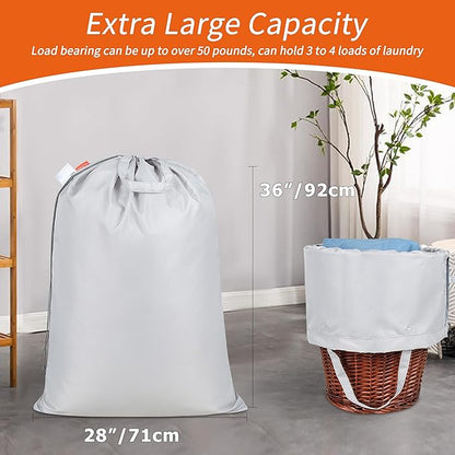 Polecasa Extra Heavy-Duty Laundry Bag 28x36”- Machine Washable Large Storage Bag with Reinforced Handles & Drawstring Closure & ID Tag for College Dorm Travel - Silver