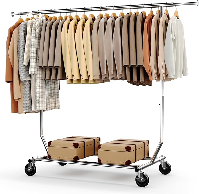 HOKEEPER Clothes Rack with Lockable Wheels Height Adjustable Clothing Rack Clothing Rack 300LBS Commercial Grade Portable Closet for Bedroom, Living Room, Laundry, Balcony, Silver
