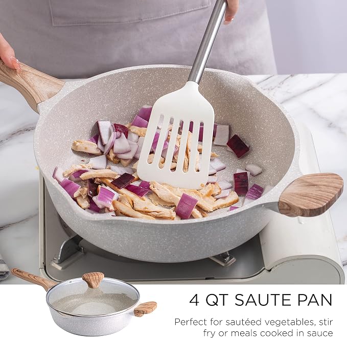 Country Kitchen Non-Stick Cast Aluminum Cookware Set - Durable Kitchen Cookware for Everyday Cooking, Speckled Cream, 6 Pc.