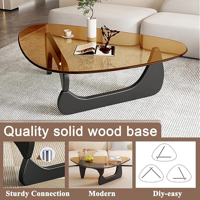 Glass Coffee Table, Mid Century Modern Coffee Table, Coffee Table for Living Room Center Table Suitable for Bedroom Living Room Reception Office Tables (Black/Brown, Large)