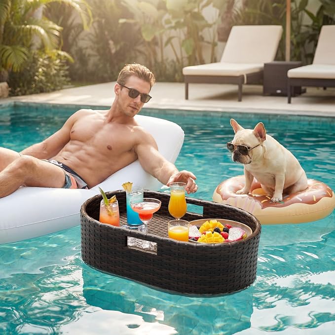 Greesum Wicker Pool Floating Tray, 26”x15” Oval Portable Serving Tray for Holding Fruits, Drinks & Essentials, Suitable for Pool Activities, Bathtub, Hot Tub, Beach Parties, Brown