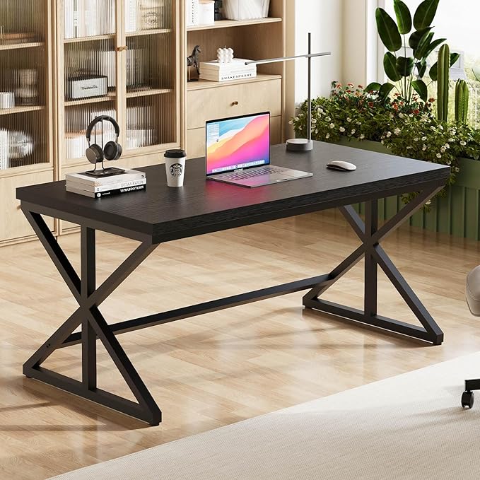 IBF 55 Inch Black Home Office Desks, Modern Computer Desk for Writing Study, Wood Metal Simple Gaming Work Table for Bedroom, Industrial Wooden Pc Workstation Executive Desk, Black Oak