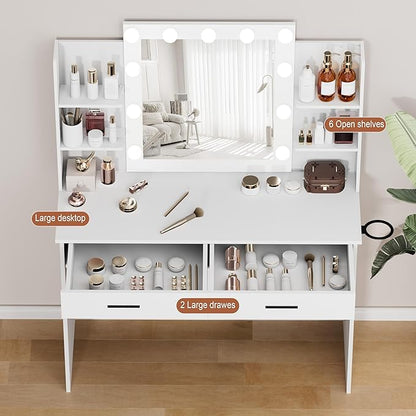 KAMABOKO Vanity Desk with Mirror, LED Lights and Power Outlet, Makeup Vanity Table with Glass Display Cabinet and 4 Drawers, Dressing Table with Stools for Bedroom (010 White)