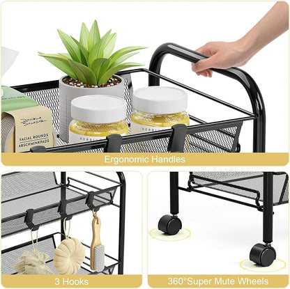 TOOLF 3-Tier Metal Rolling Cart, Mesh Wire Easy Assemble Utility Cart, Storage Trolley on Wheels with 3 Hooks, MetalStorage Shelving Units for Kitchen Bathroom Laundry Room