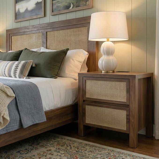 XIAO WEI Set of 2 Rattan Nightstand with Charging Station, Boho Bedside Table with 2 Drawers, Farmhouse End Table for Bedroom, Wood Accent Bed Side Table with Storage, Reclaimed Caramel Oak